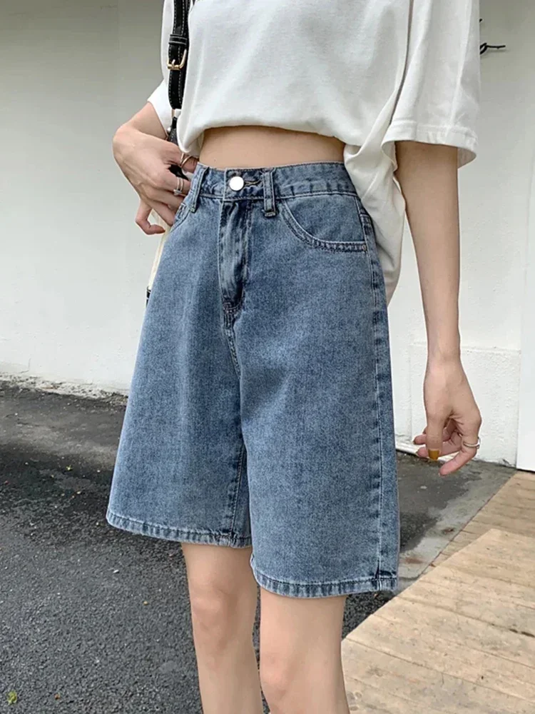 Sommer Neue Hohe Taille A-Line Casual Denim Shorts Frauen Koreanische Mode Dünne Lose Anliegende Frauen Gerade Bein Breite Bein Shorts
