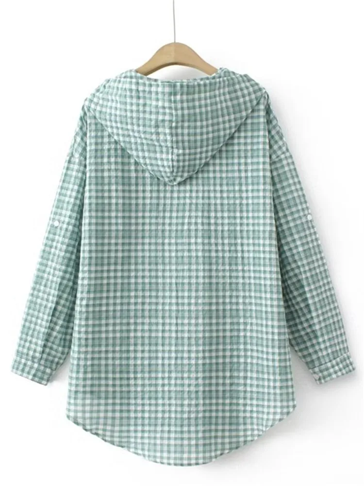 Camisa de talla grande para mujer, Tops finos de algodón a cuadros, se puede usar como chaqueta de protección solar, cárdigan con capucha de manga