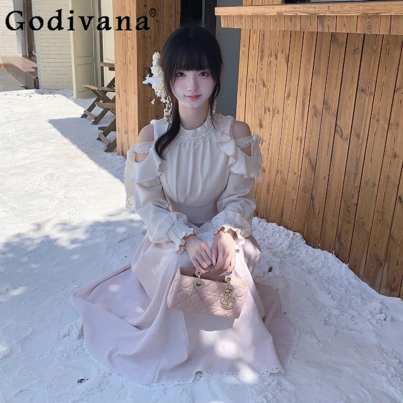 

Original New Gentle and Clear Dress Women's Japanese Style Pink Ruffled Dress Female Lolita Off Shoulder Princess Dress