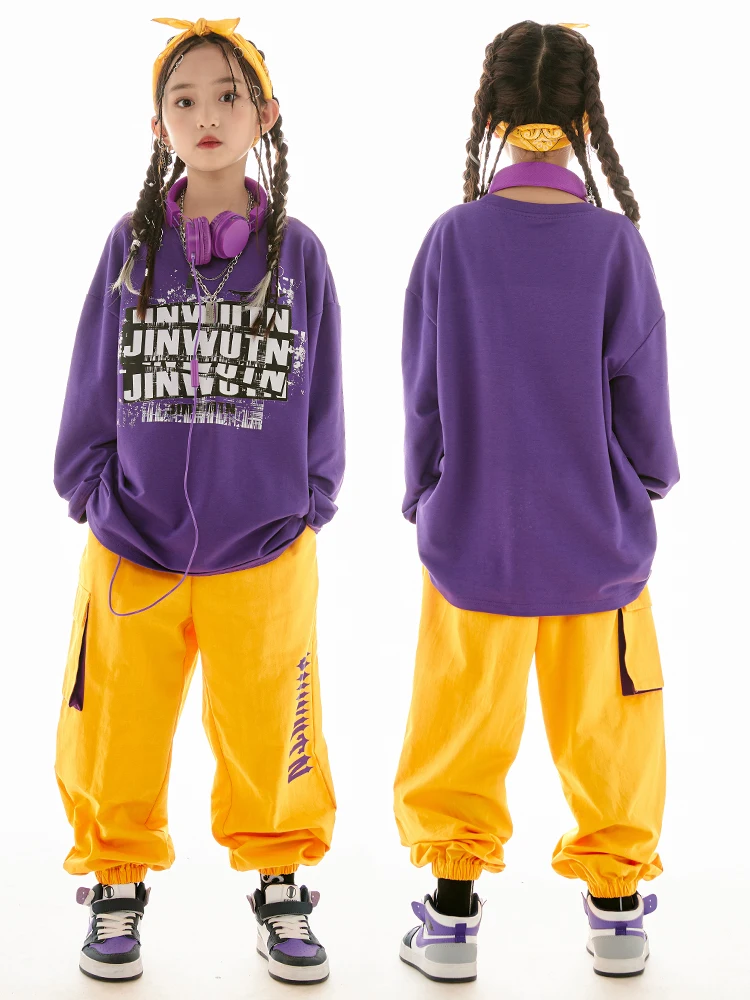 

Kids Hip Hop Dance Clothes Long Sleeves Purple Tops Yellow Cargo Pants Loose Performance Suit For Boys Girls Jazz Outfit BL11508