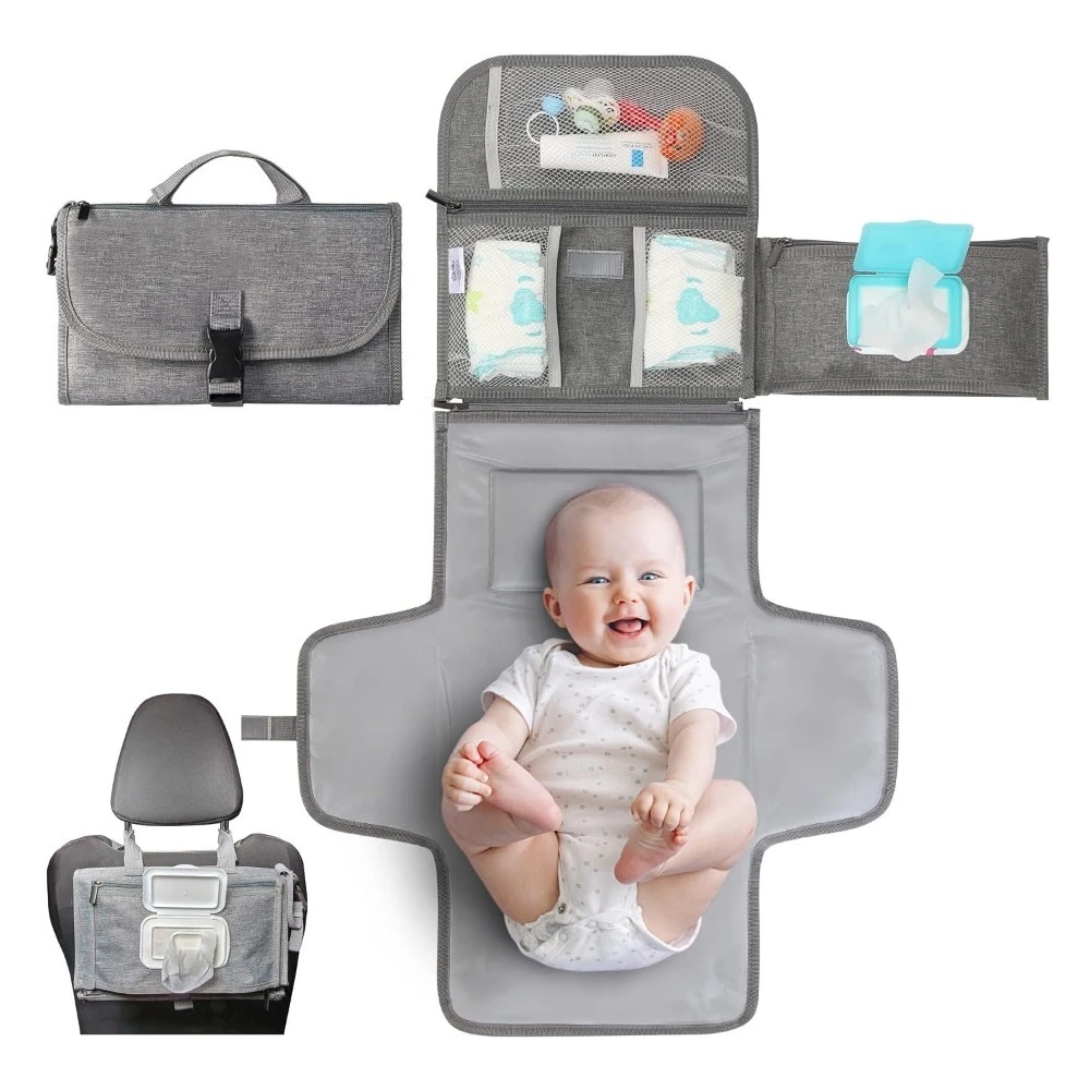 Portable Baby Diaper Changing Clutch, Foldable Waterproof Diaper Bag, Detachable Stroller & Car Seat Mount Baby Nappy Organizer