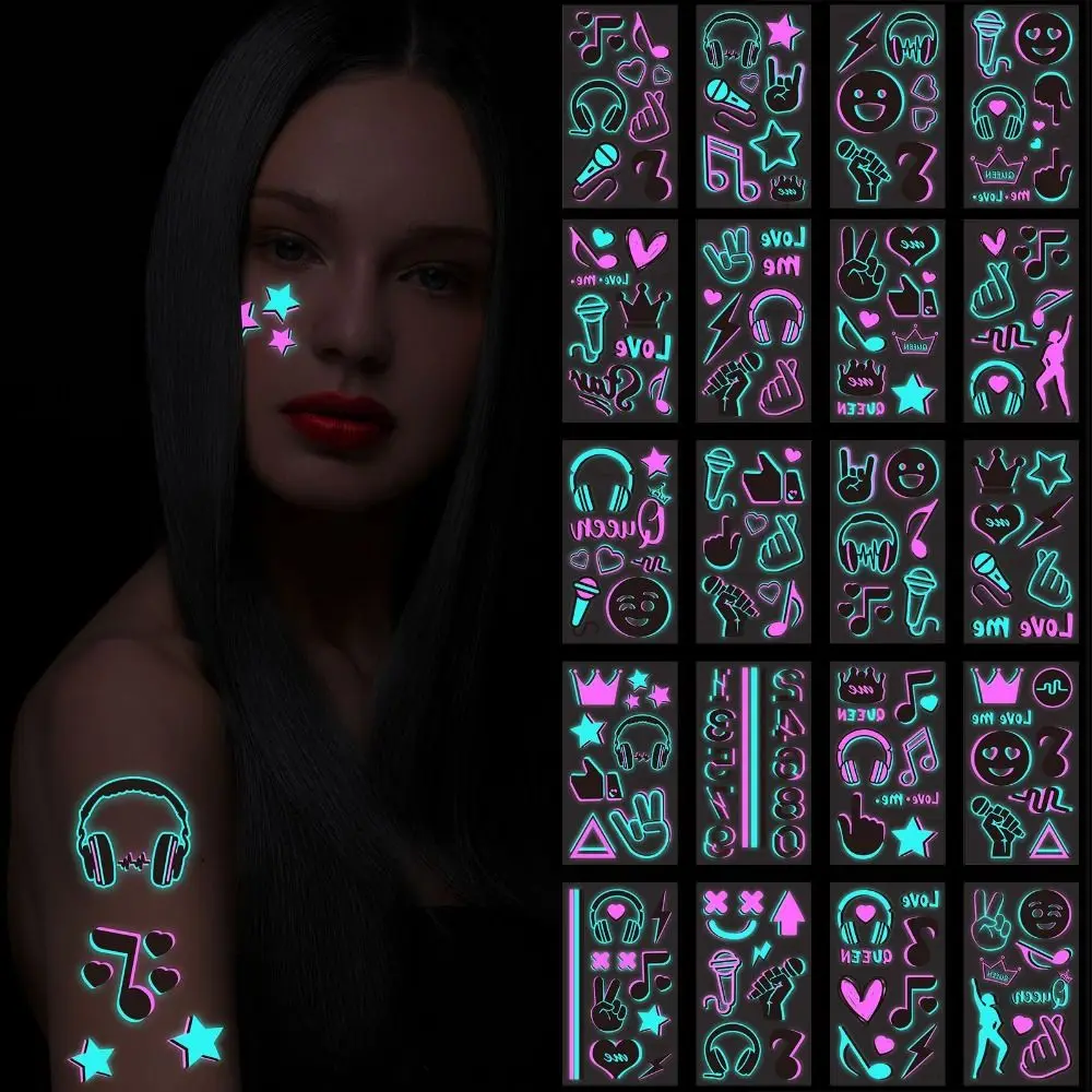 

20Sheets Skin-Friendly Luminous Tattoo Stickers Waterproof Night Light Music Festival Stickers Disposable Cartoon DIY Body Art