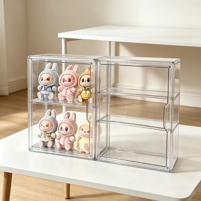 Moderna vitrina acrílica transparente de 3 niveles, caja de almacenamiento a prueba de polvo de 2 compartimentos, organizador de escritorio para figuras, juguetes y cajas sorpresa.