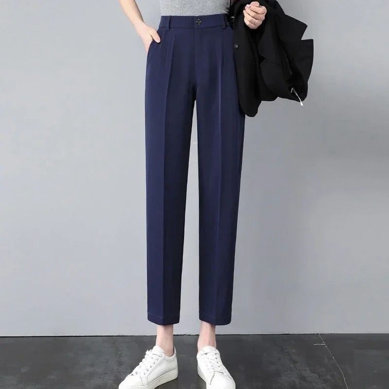 Pantalon Droit Coréen Solide avec Poches à lèvent pour Femme, Vêtement Fin de Caractère, à la Mode, Bureau, Affaires, Décontracté, Fermeture Éclair