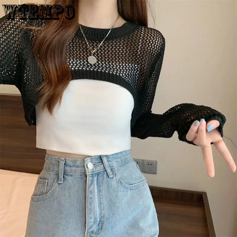 Hollow Thin Long-sleeved Shirt Women\'s Summer and Autumn Round Neck Short Knitted Blouse Drop Shipping Wholesale Pullovers Tops