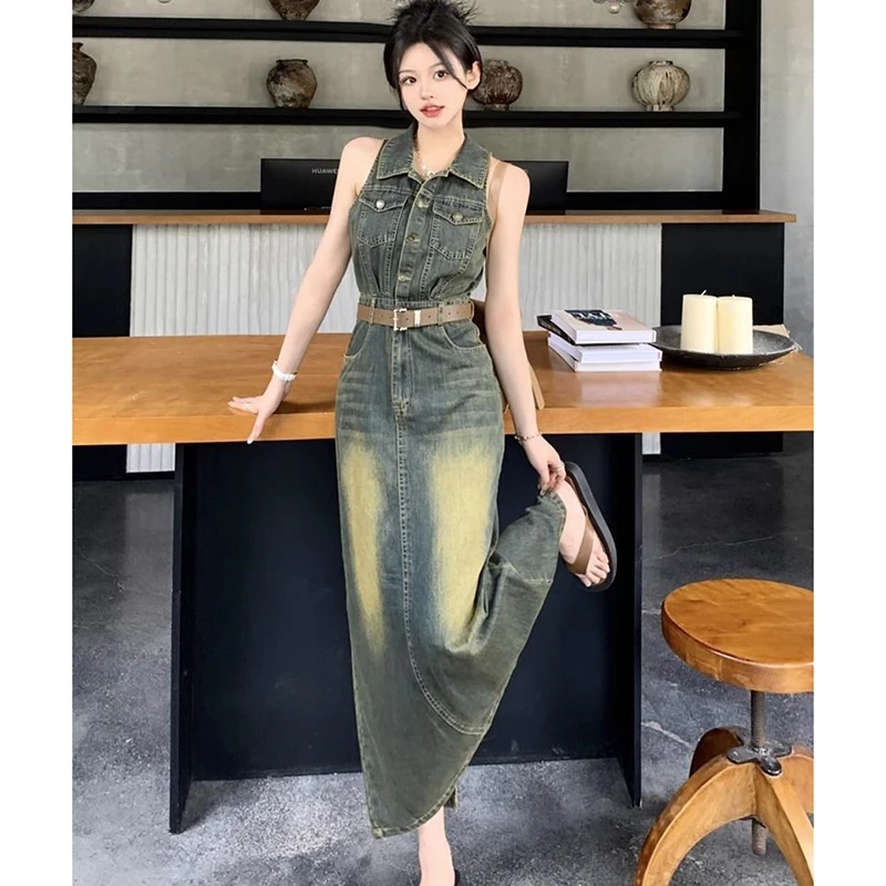 Vestido tipo chaleco vaquero Vintage Y2k para mujer, cintura con solapa, un solo pecho, vestido a la cadera con bolso en contraste, vestidos vaqueros largos divididos, verano, nuevo