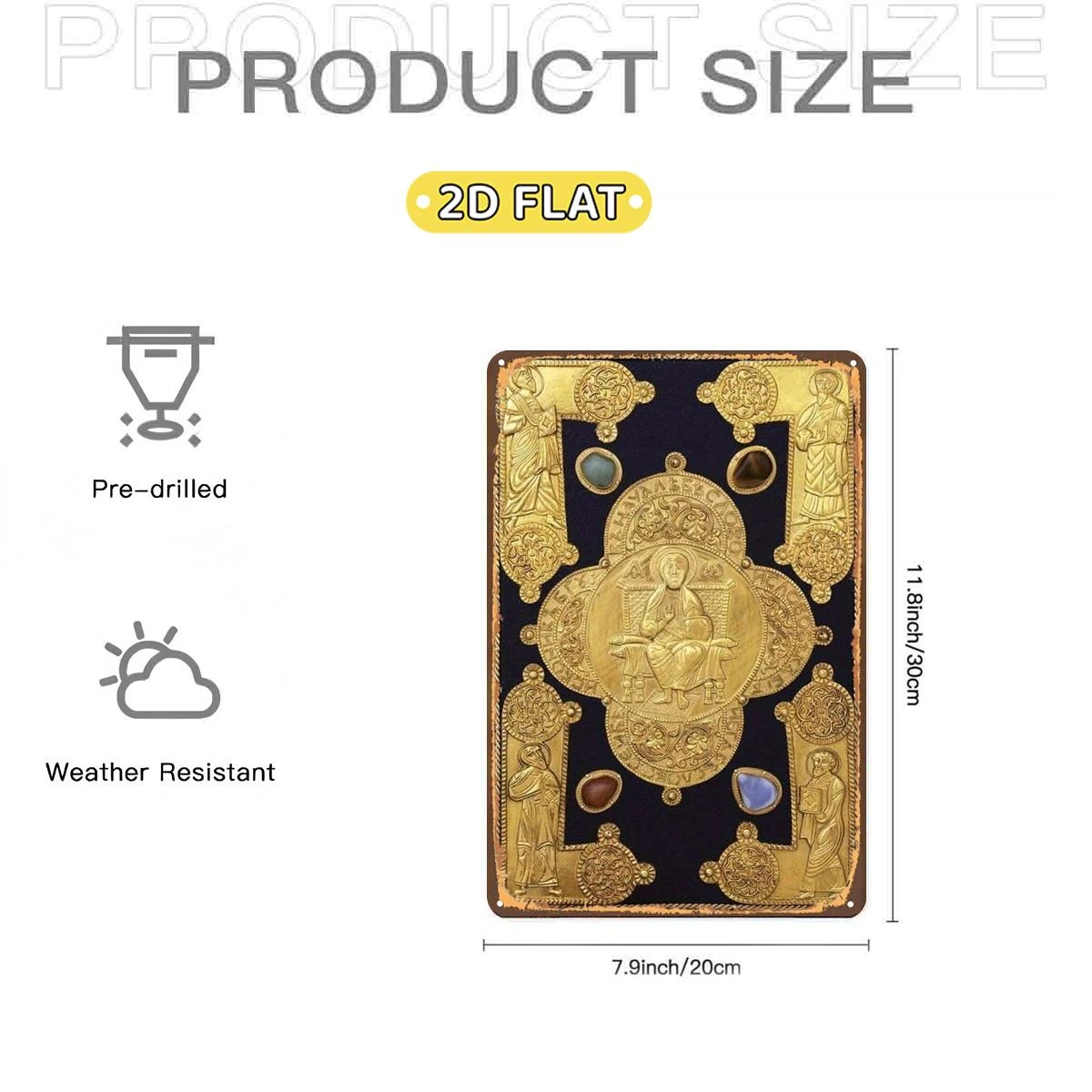 2D Flat 1pc,Ornate Golden Reliquary with Religious Iconography and Gemstone Inlays,metal Lron Sign,size(8
