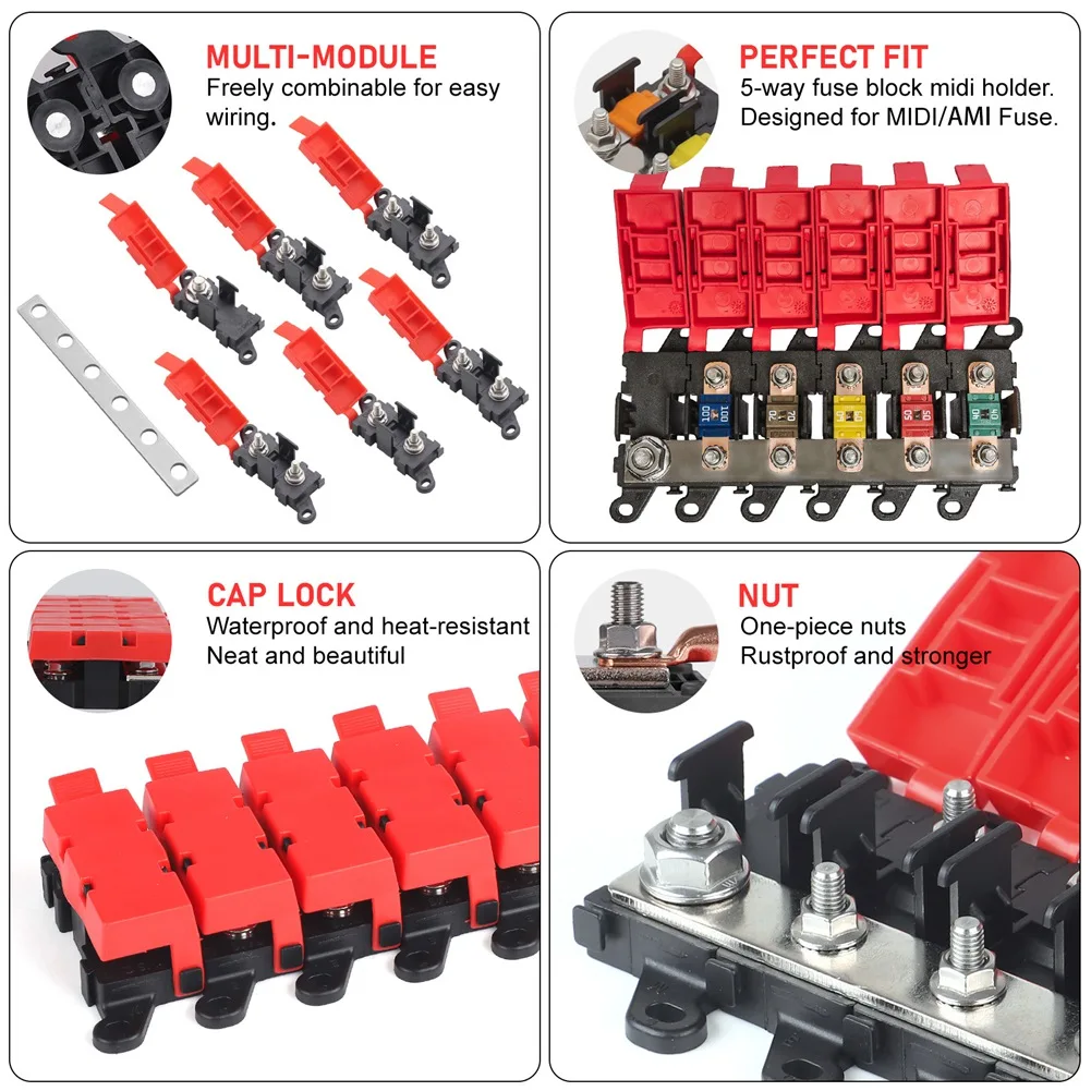 5 Way Car Midi Fuse Box Block Holder 200A Multi-Pole Fuse Block Marine SUV BDFS MIDI Fuse Holder-AS55