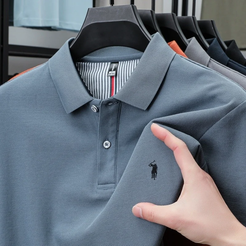 Men's casual cotton summer polo shirt, featuring a buttoned collar and a embroidered pattern on the chest.