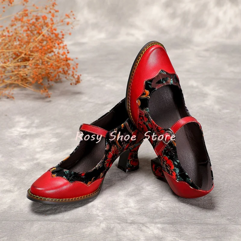 

Hand Rub Color Leather Splicing floral print Round Toe Pumps Special Style Shallow Mouth Buckle Starp Short Heel Single Shoes