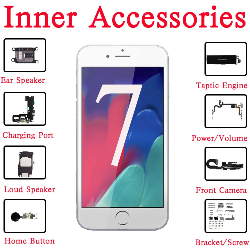 Internal Accessories Replacement for iPhone 7 Front Camera Charing Port Power Volume Flex Cable Earpiece Loud Speaker Screw