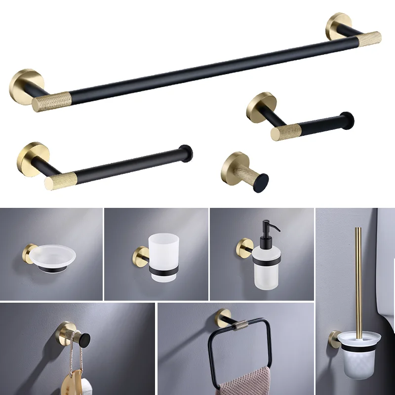 

Brushed Gold Black Stainless Steel Wall-Mounted Towel Ring Towel Stick Single Hook Toilet Bathtub Soap Container Bathroom Set