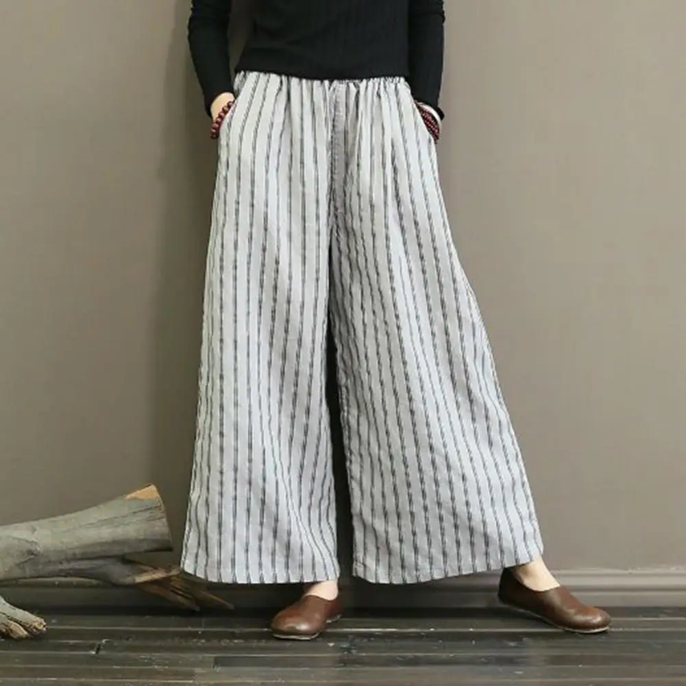 Women Summer Pants Elastic High Waist Casual Pants with Pockets Straight Wide Leg Vertical Striped Print Draped Business Trouser