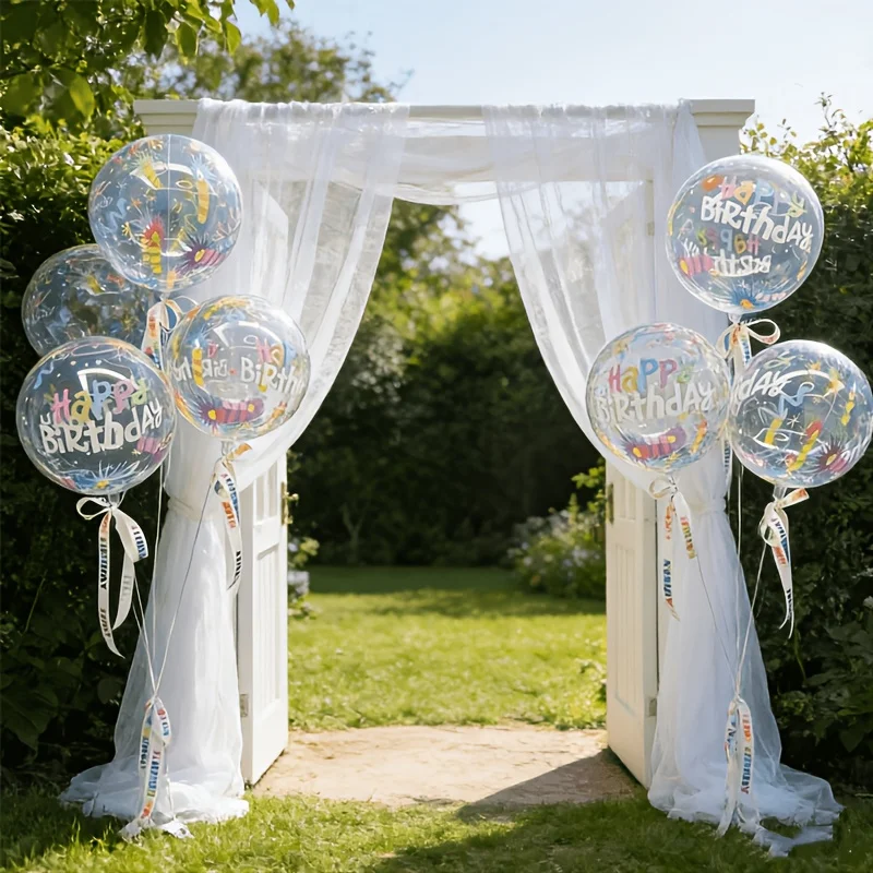 5/10 Bunte Happy Birthday Bobo-Ballons, klare, runde, transparente Bubble-Ballons in verschiedenen Farben für Hochzeits- und Geburtstagsfeier-Dekoration – Detail 6
