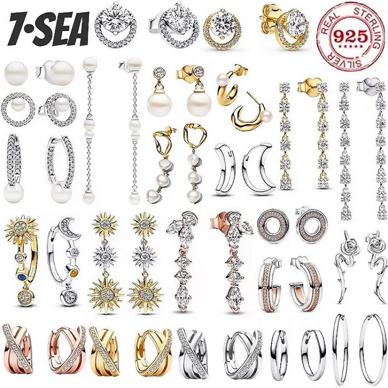 Pendientes de Plata de Ley 925 con Doble Aro Grande, Sol, Luna y Corazón, Compatibles con Charms Originales, Joyería Fina DIY, Regalo para Mujer