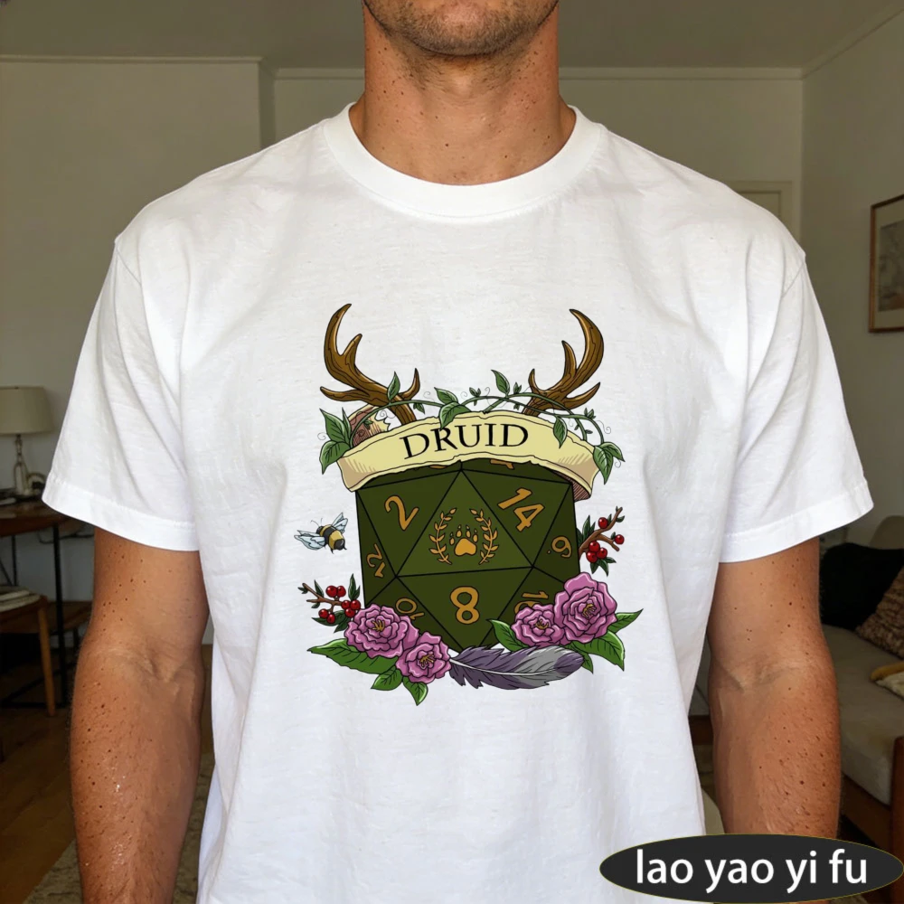 Druid D20 Dice with Antlers, Bees & Roses Art Print T-Shirt Men's Nature Fantasy Gaming Short Sleeve summer cotton tee Tops