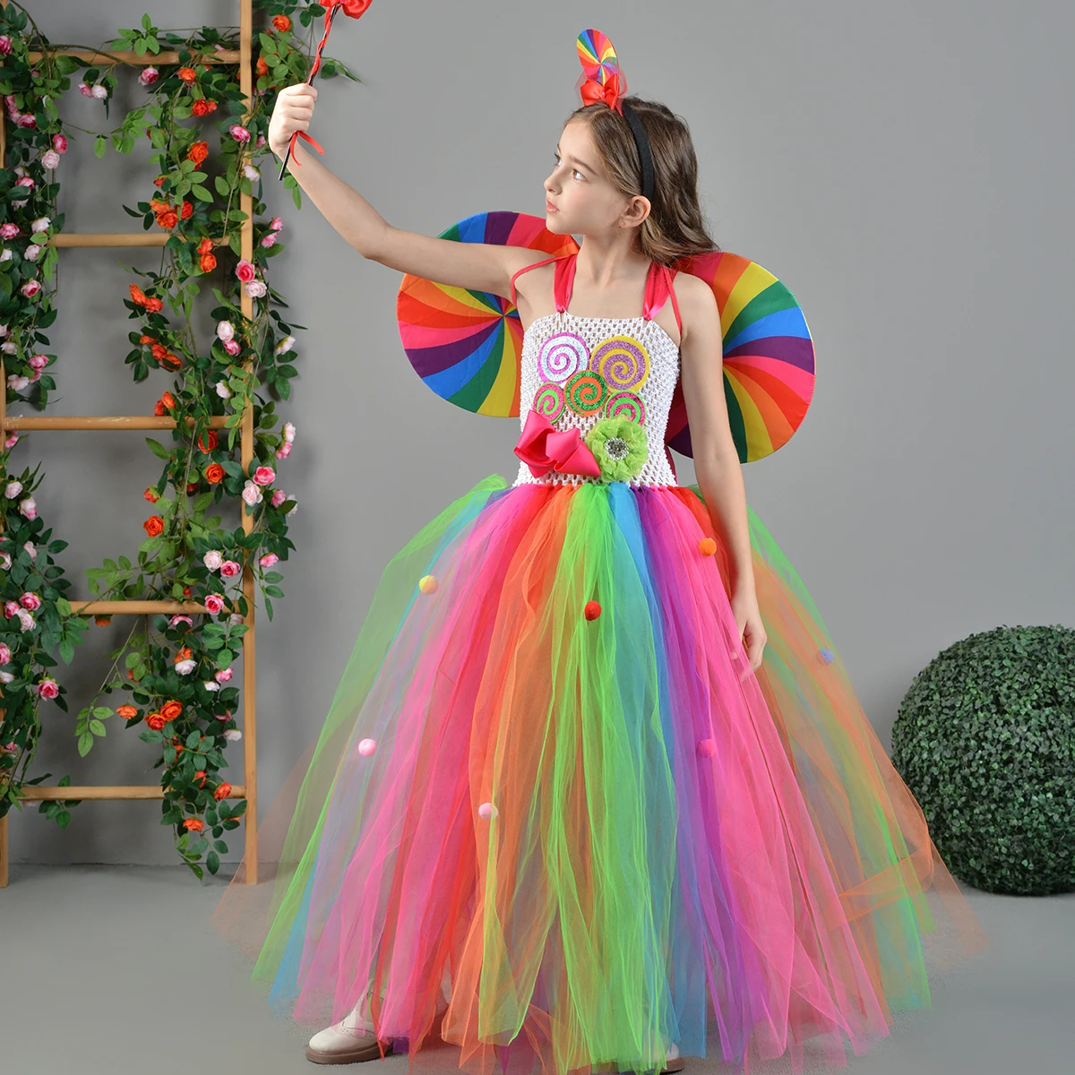 Rainbow Candyland Tutu Gown Dress for Girls Purim Holiday Costume with Wing Set Kids Birthday Halloween Carnival Party Outfit