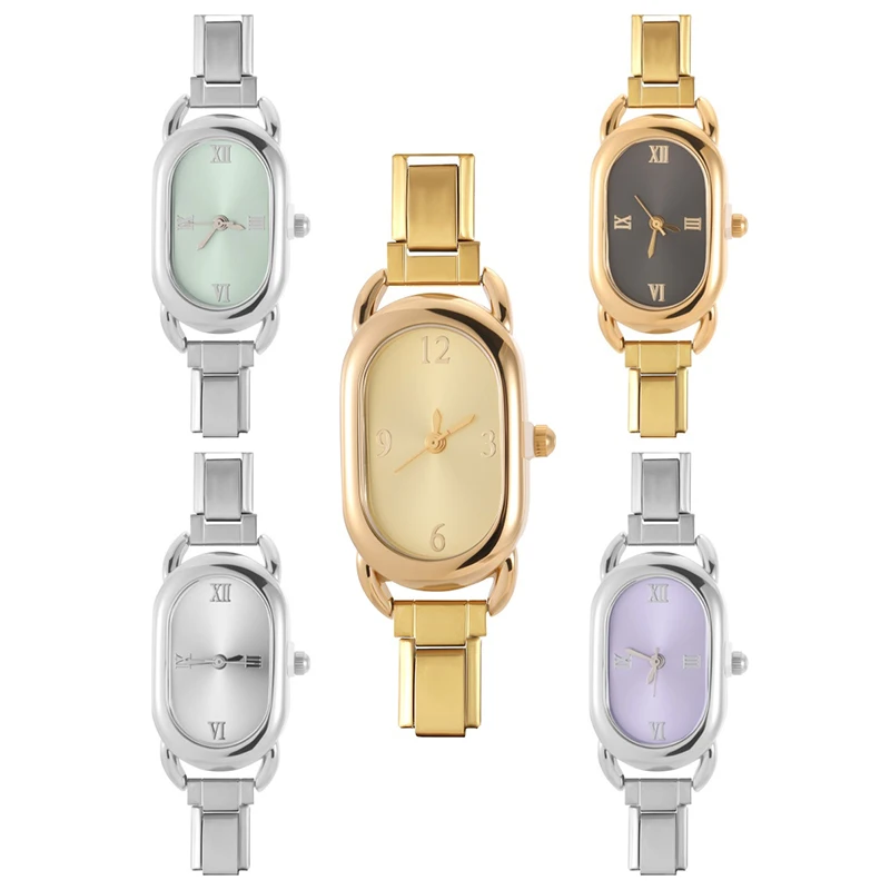 2026 Trendy Colorful Oval Watch Bangle High Quality Personalized DIY 9MM Stainless Steel Italian Charm Watch Head Chain Bracelet