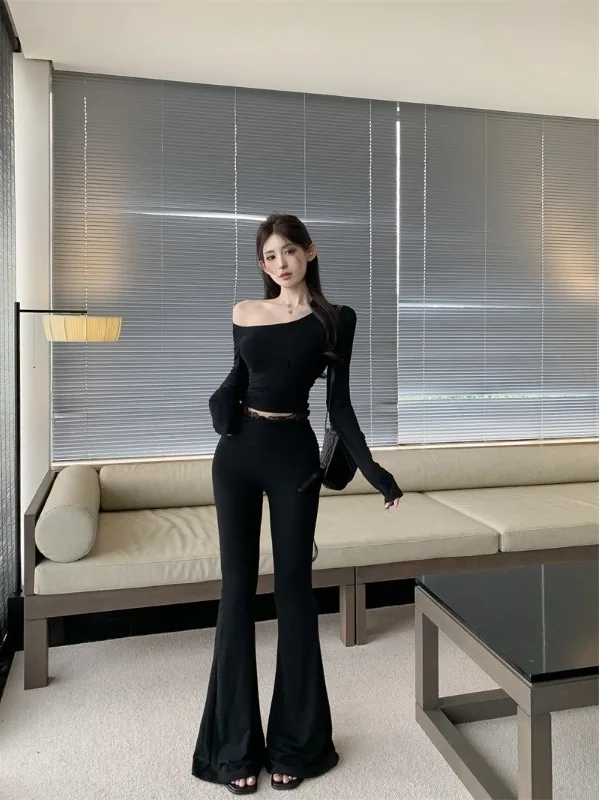 

Black Lace Splice High Waist T-Shirt Shoulder Bared Women's Fashion Set with Long Pants Spring Season Casual Style