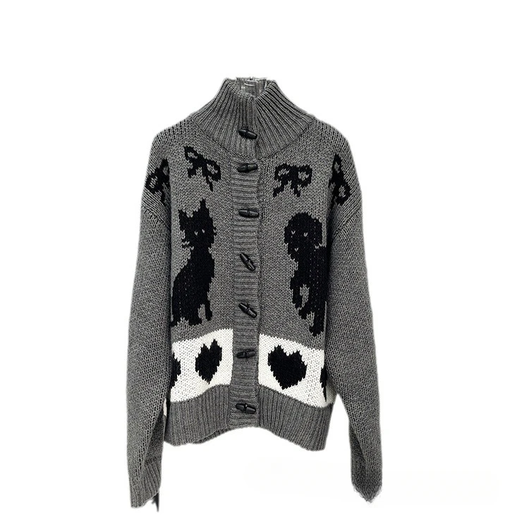 2024 Autumn and Winter New Cat and Dog Jacquard Loose Wood Button Wool Cardigan