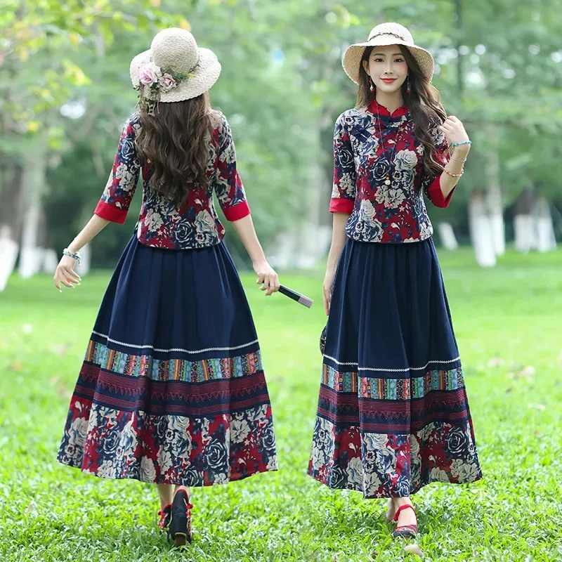 

Women Large Size 5XL Outfit Autumn Ladies Fashion Cotton Linen Improved Cheongsam 2025 Female Seven Divide Sleeves Skirt 2PCS