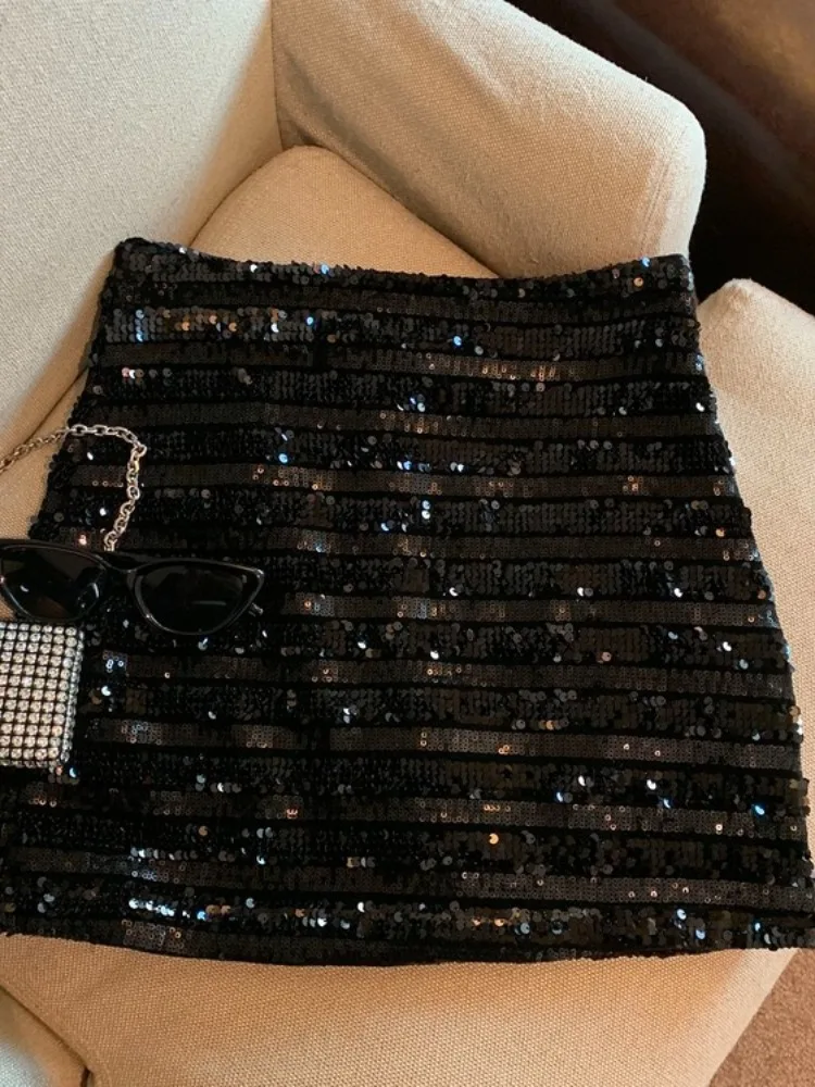 Black High Waisted Slimming A-line Sequin Skirts Harajuku Sexy Temperament Short Faldas Mujer Moda 2024 Club Beach Party