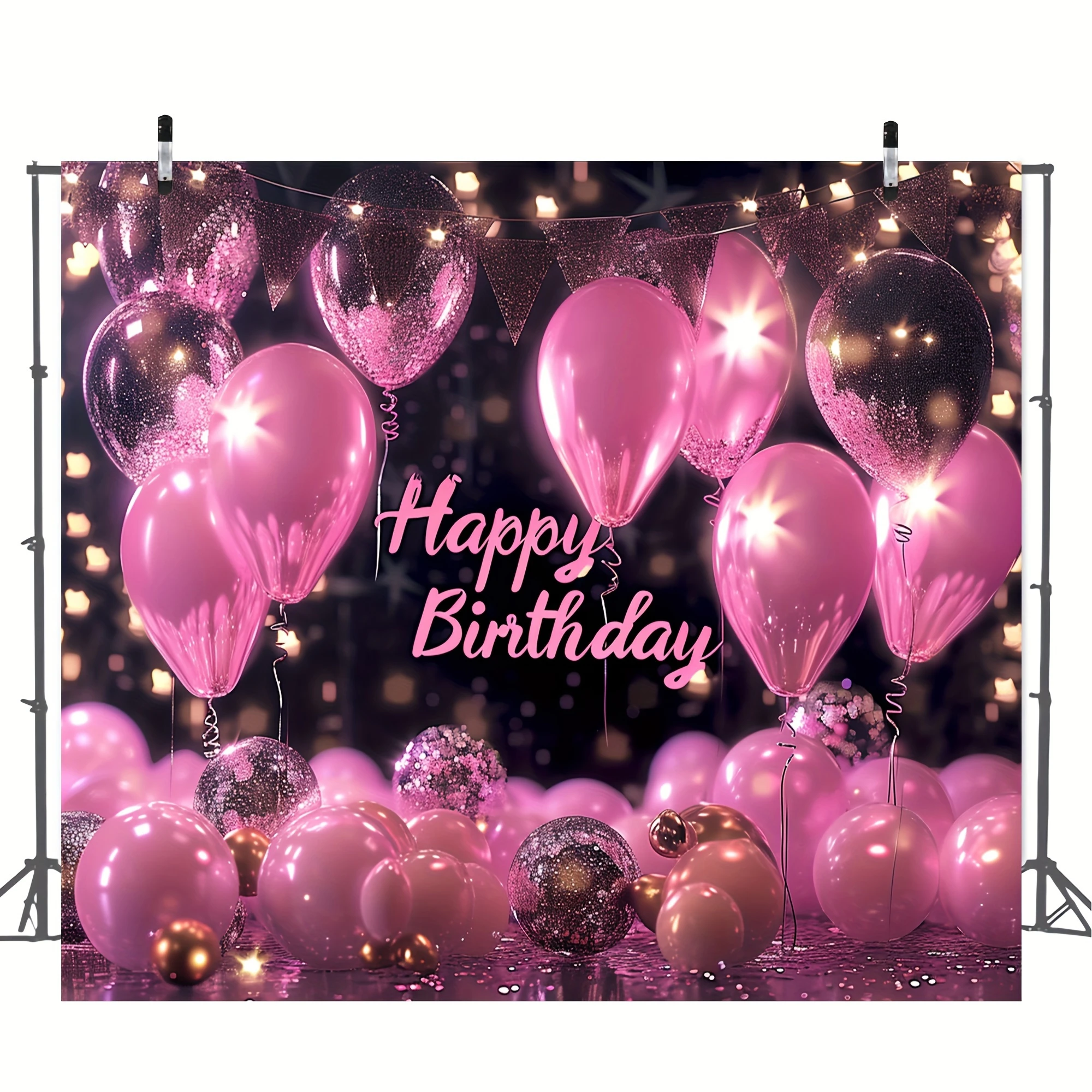 Pink and gold Happy Birthday background, sparkling black and rose gold party decorations, holiday birthday photography