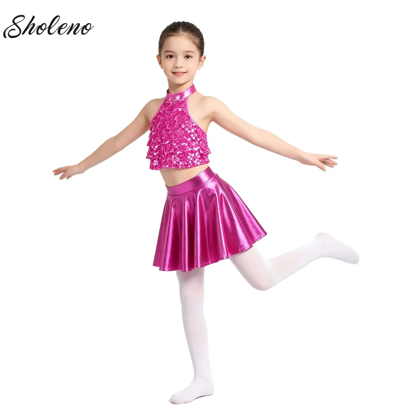Shiny Sequin Hip Hop Jazz Dance Outfit Girls Sleeveless Tiered Crop Top with Metallic Ruffled Skirt for Stage Performance