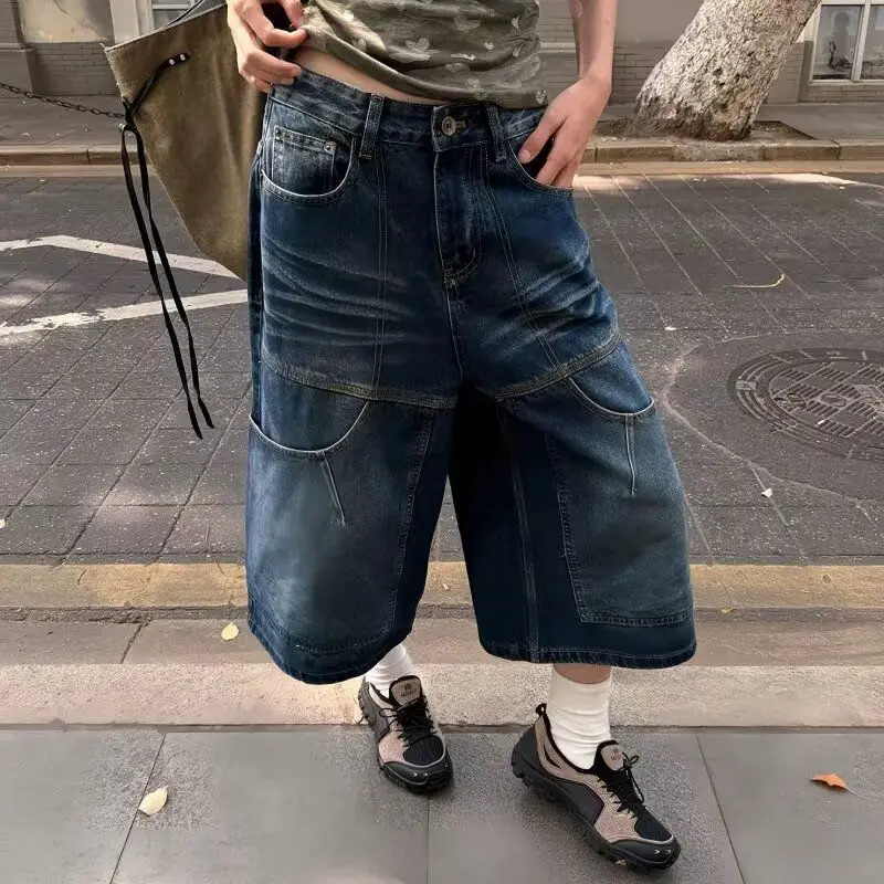 2026 Summer Thin Large Size Men's Women's Design Sense Wide Leg Denim Medium Pants Pear Shape Baggy High Waist Cropped Pants