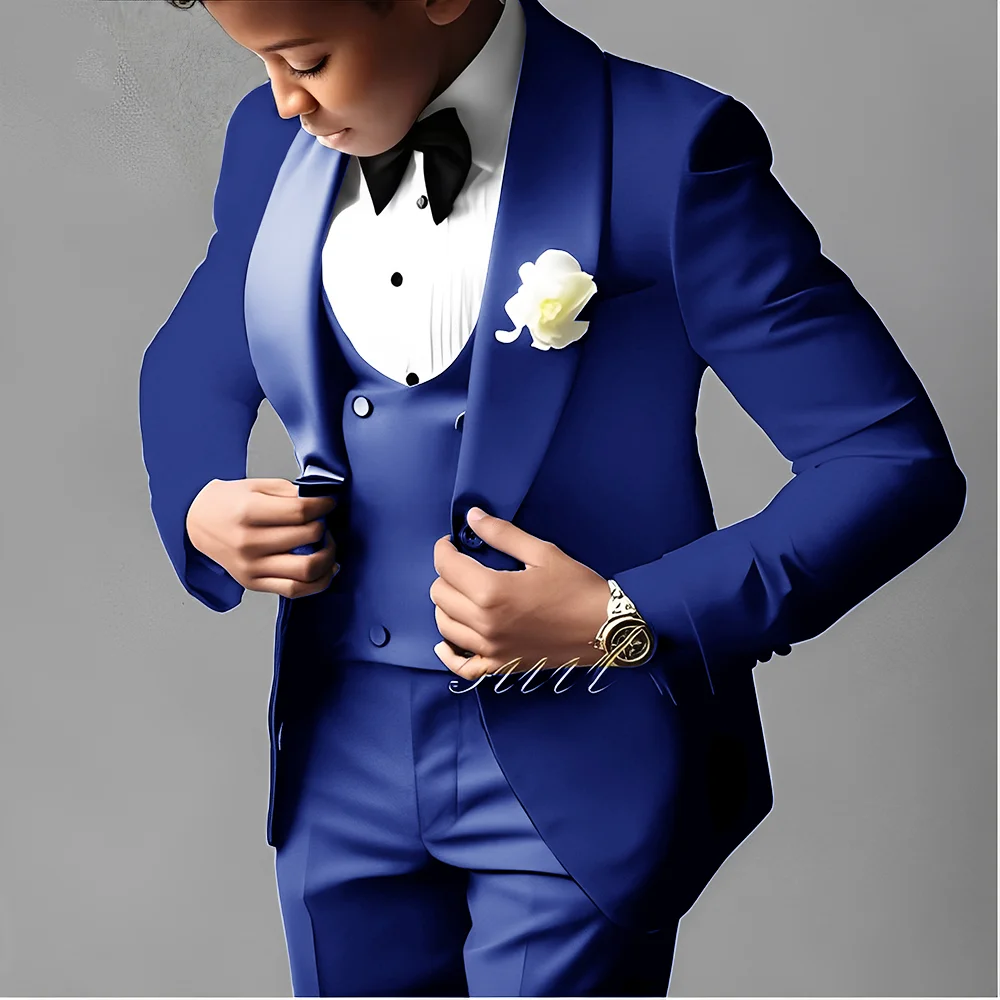 Royal Blue Boys Suit Wedding Tuxedo 3 Piece Set Jacket Pants Vest Kids Party Suit Custom Jacket 2-16 Years Old