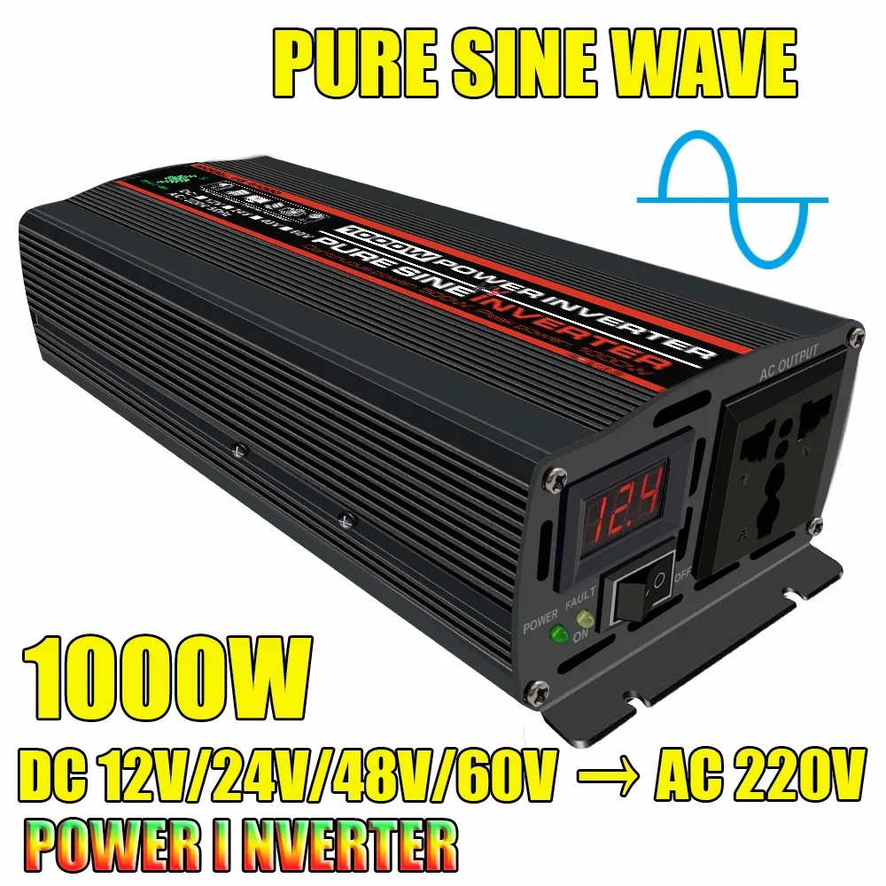 Inverter 12v to 220V 1000W Pure Sine Wave Inverter DC 12V 24V 48V 60V to AC 220V 50Hz 60Hz with Voltage Display for Car Battery