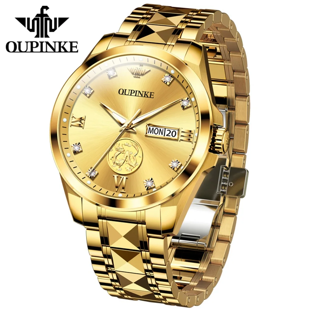 OUPINKE 3259 Real Gold Dragon Automatic Men's Watches Dual Calendar Luxury Business Mechanical Wristwatch Top Original Man Watch