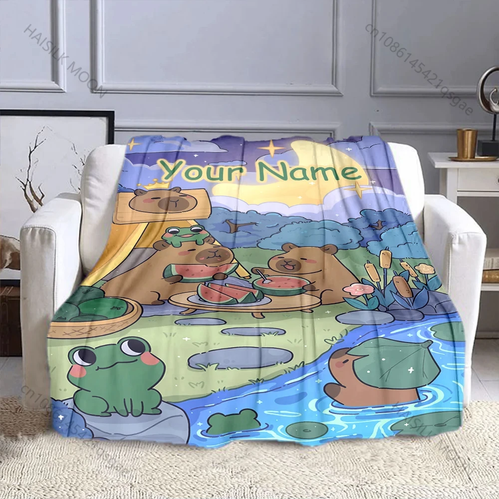 Customized name Capibara flannel blanket,suitable for all seasons,ideal for sofa beds,travel,camping,living rooms and offices