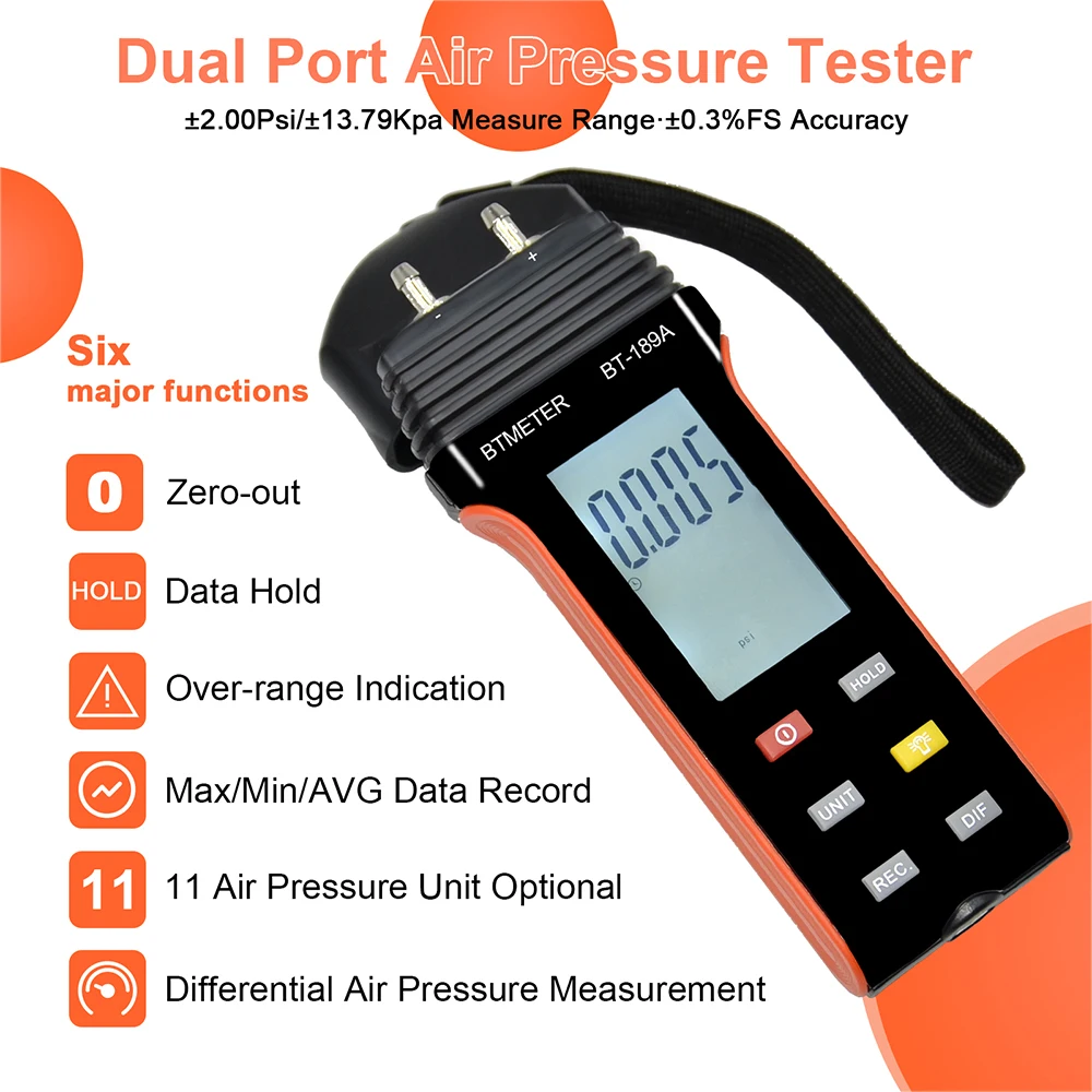 

BT-189A Digital Manometer Dual-Port Manometer Gas Pressure Tester LCD Display With Backlight forany gas pressure system trouble