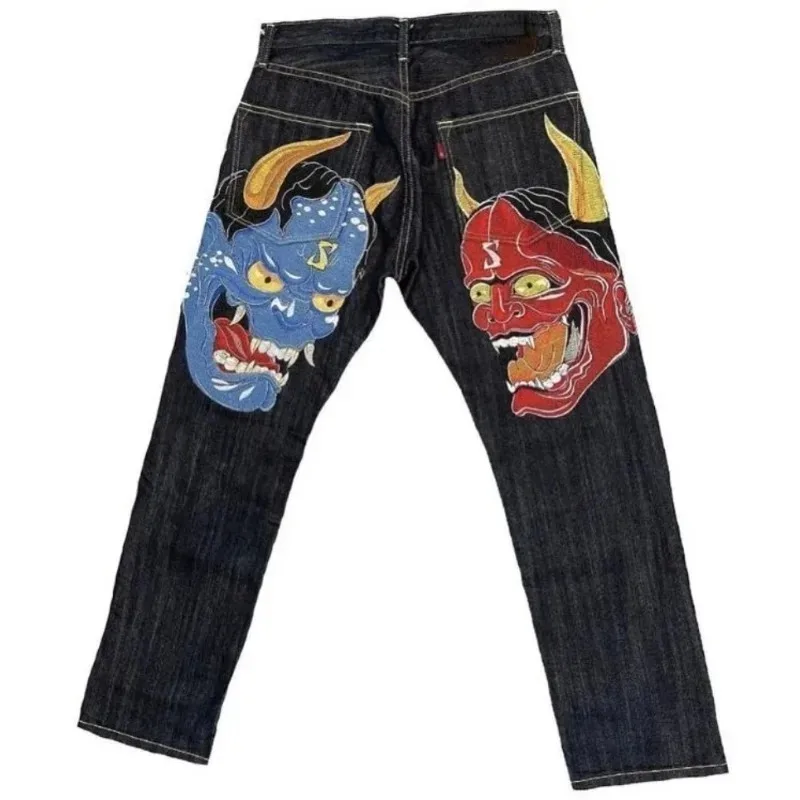 European and American style street jeans male Y2K printed hip hop high waist straight retro loose wide leg pants denim trousers