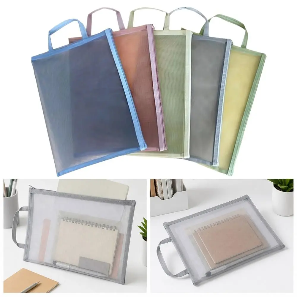 New Nylon Mesh Zip Bag Transparent A4 File Storage Bag Dust Resistant Morandi Style File Folders Office Supplies