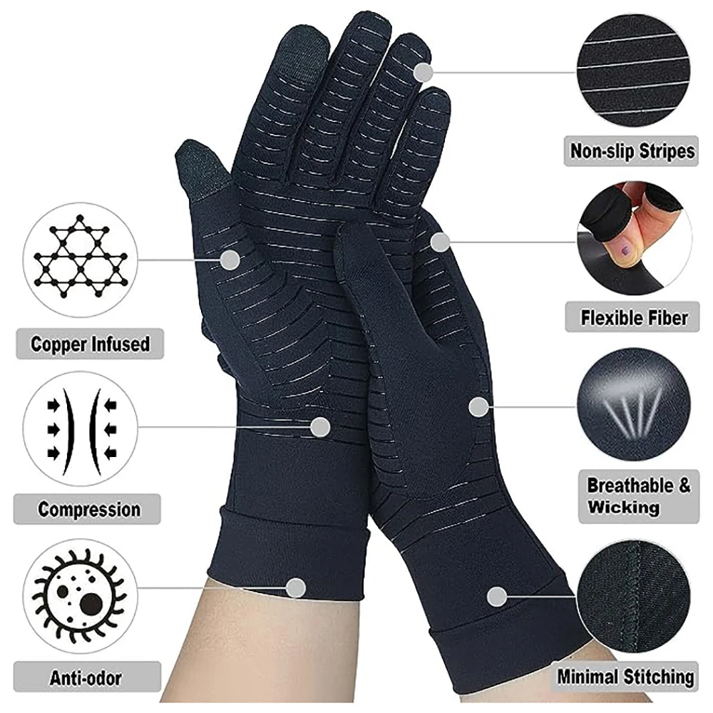 Guantes de artritis de compresión de cobre para mujeres y hombres, soporte de manos diurnas, guantes de soporte de manos de dedo completo para