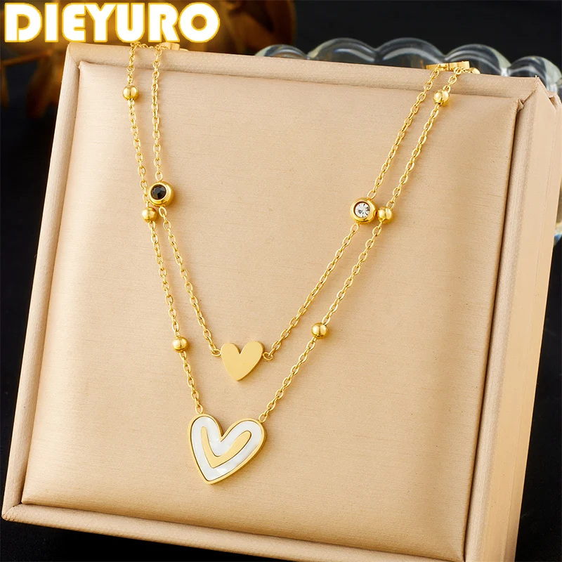 DIEYURO 316L Stainless Steel White Shell Heart Zircon Double-layer Necklace For Womens Girl New Fashion Neck Chain Jewelry Gift