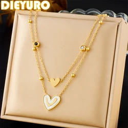 DIEYURO 316L Stainless Steel White Shell Heart Zircon Double-layer Necklace For Womens Girl New Fashion Neck Chain Jewelry Gift