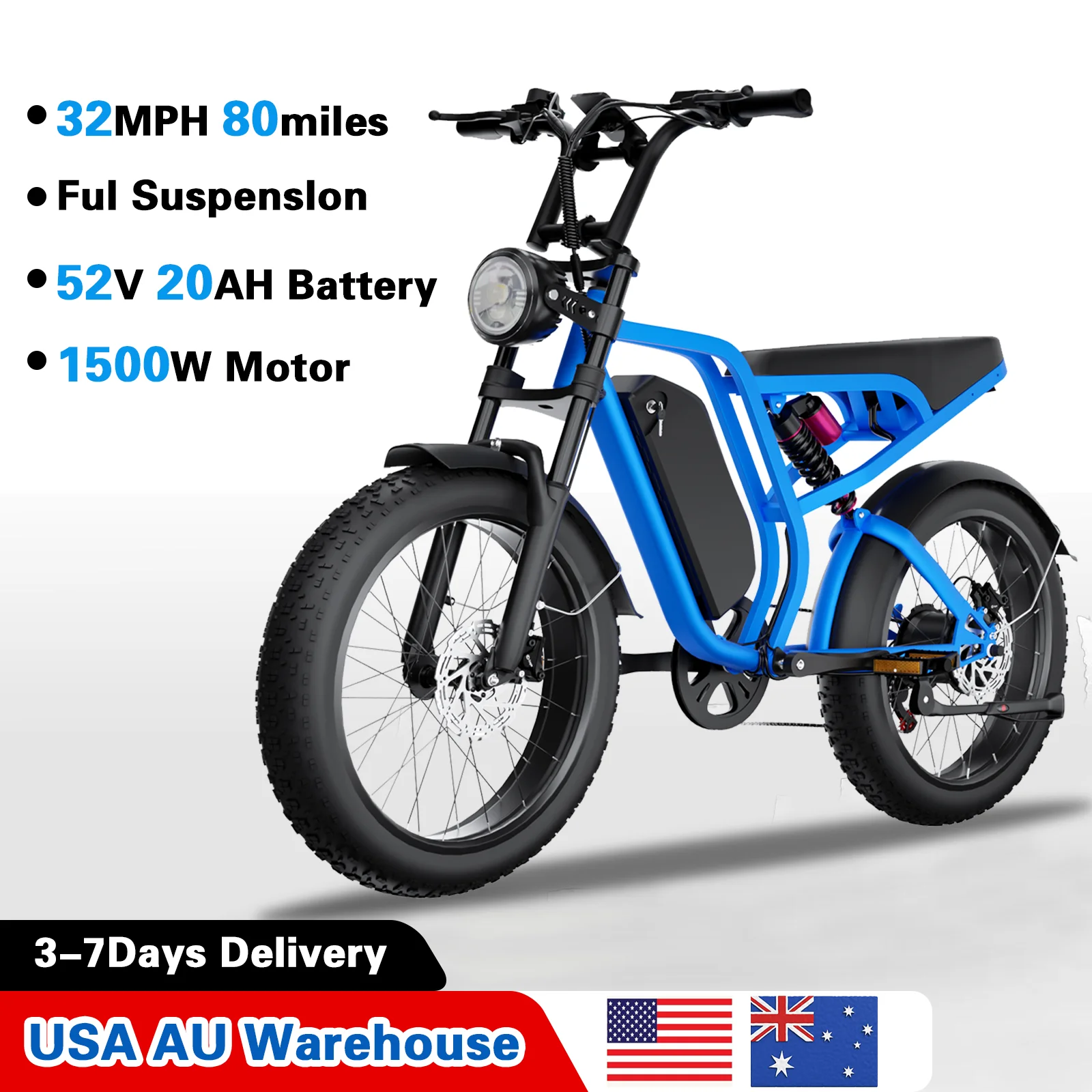 

Электрический велосипед для взрослых, пиковый электровелосипед 20 дюймов, 1500 Вт, до 80 миль, 32 миль в час, водонепроницаемый горный велосипед со съемной батареей 52 В, 20 Ач