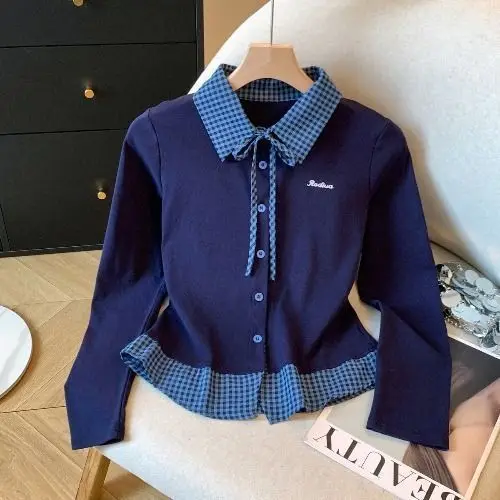 Spring and Autumn Women's Clothing New Contrast Color Casual Gentle Wind Slim Skinny Splicing Plaid Long Sleeve Lapel T-Shirt