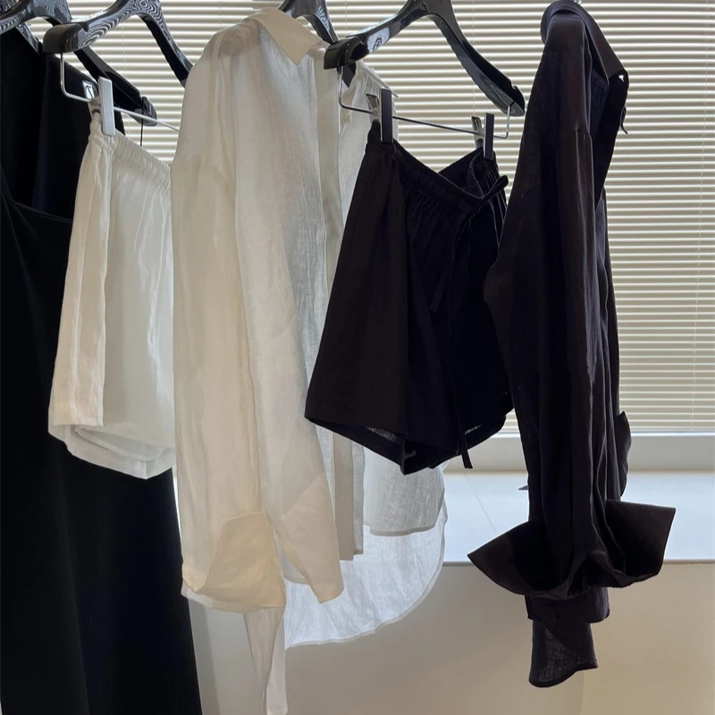 

Summer New Simple and Breathable Linen Shirt Female Shorts Set Women Two Piece Suit