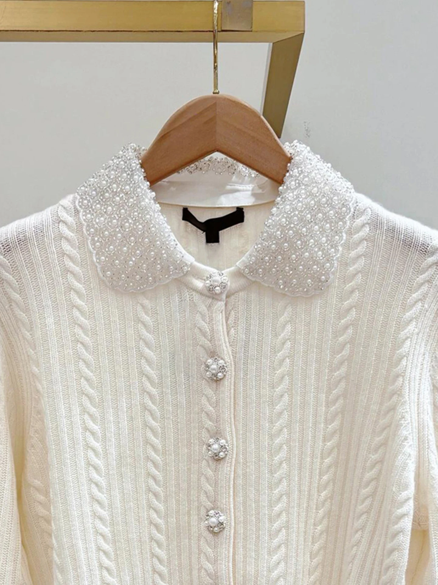 

M Home Nan You High End Women's Summer Sweet Bead Embellied White Knitted Open Cardigan Top Sli Commute Sle Regular Fit