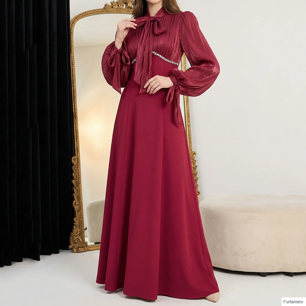 

A-line Women's Evening Dresses Floor-length High-neck Full Sleeve Prom Gown Fashion Crystal Bow Simple Draped Customized Gowns