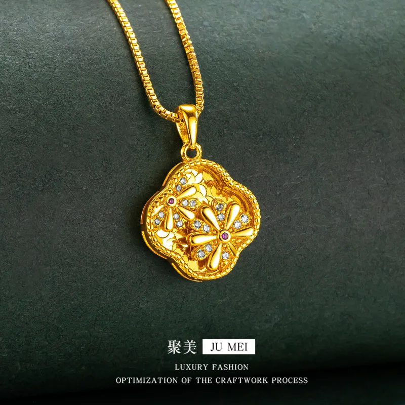 Luxury 24K 9999 Pure Gold real gold Women's Long Scale Crushed Ice Hollow Small Chrysanthemum Pendant Necklace