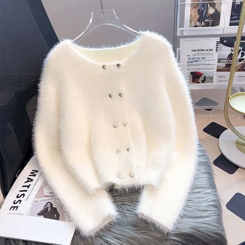 Imitation Mink Soft Knit Cardigans for Women, Korean Fashion, Short Chic Top, Street Casual Sweater, Winter Coat, 2024