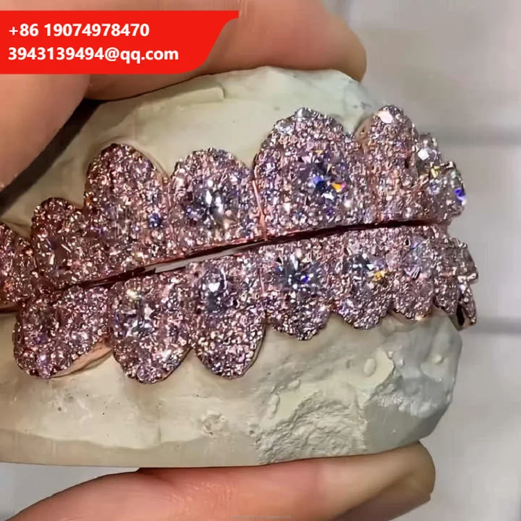 

Популярные индивидуальные грилзы с безупречными муассанитами, крупными камнями VVS, 8 верхних и 8 нижних зубов, полностью инкрустированные муассанитами, имитирующими бриллианты