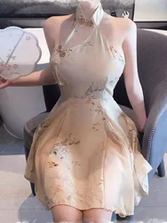 Exotic Summer Fashion Womens Clothing new Classical Sweet Chinese Style Hanging Neck Wide Truffle Back A-line Elegant Dress UX02