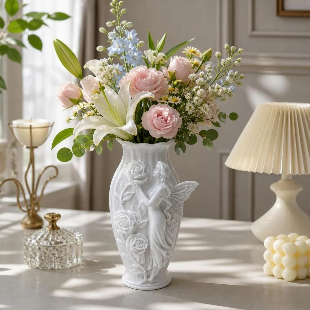 Practical 3D Printing Rose Fairy Vase Minimalist Creative Elf Emboss Vase Artistic White Floral Display Container Gift