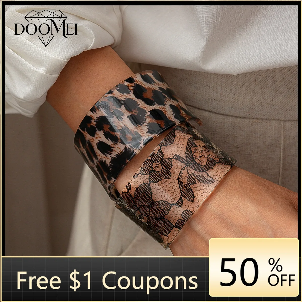 DOO MEI Unique Design Leopard  Lace Print Open Bracelets for Women Men Vintage Wide Acrylic Smudge Bracelet Bangle Jewelry